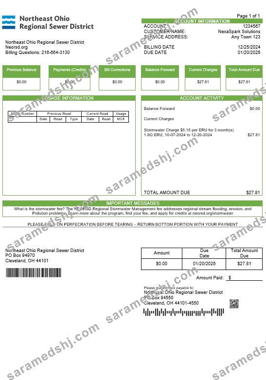 USA Northeast Ohio Regional Sewer District business utility bill Word and PDF template 1